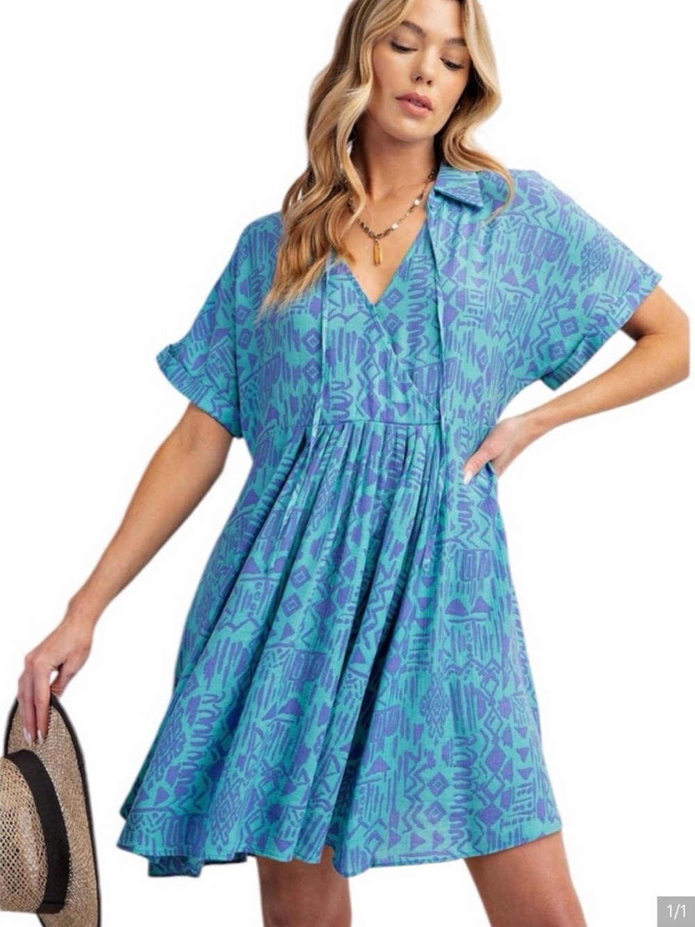 Easel Babydoll Dress-Aqua Blue:Violet Ethnic Printed Short Sleeve Dress_NWT Sz M